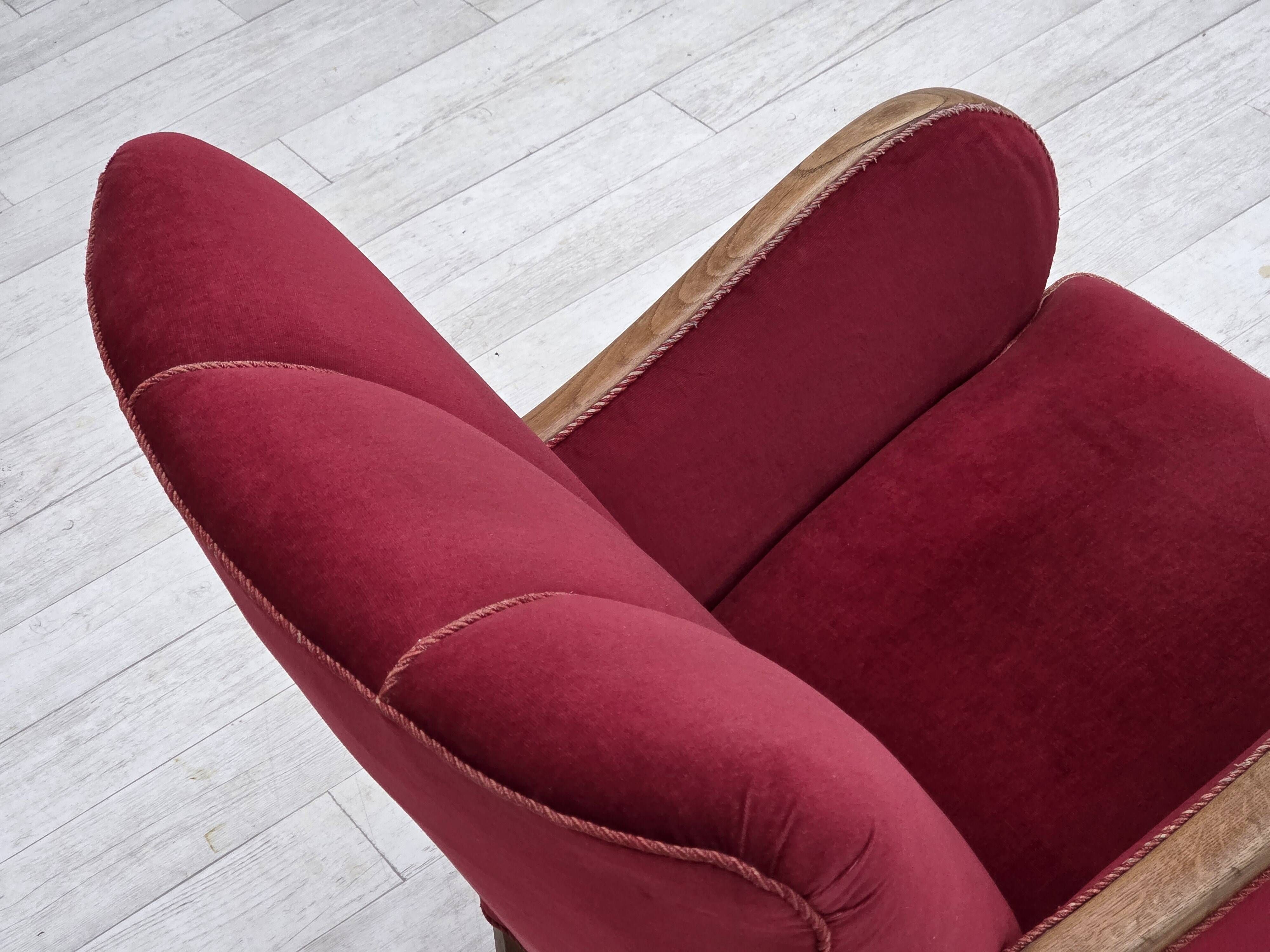 1960s, Danish armchair, red furniture velour, oak wood.