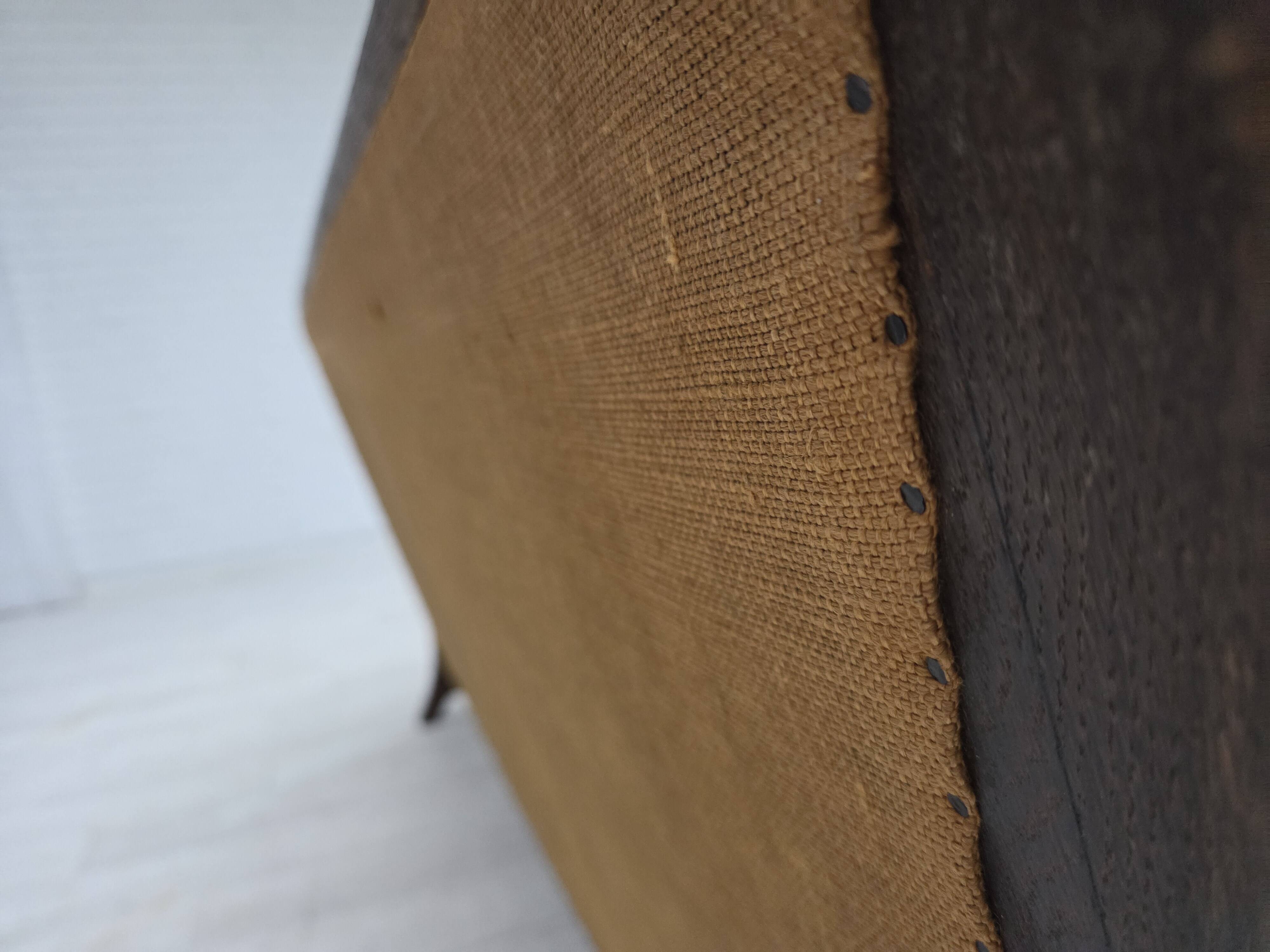 1960s, Danish 3-seater sofa, beige/brown furniture fabric, carved oak wood.