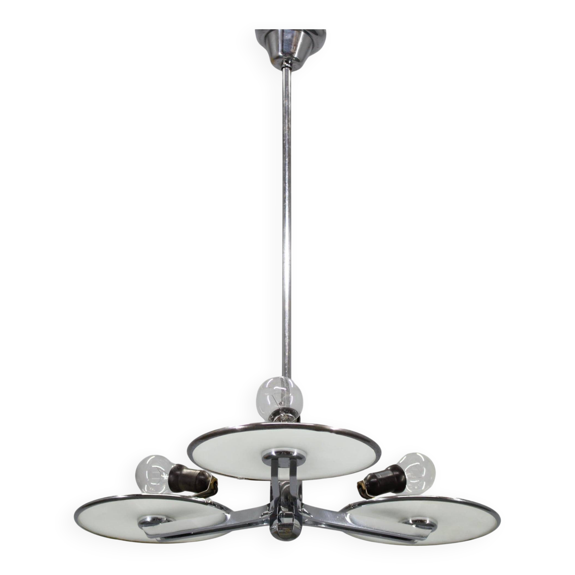 Restored Bauhaus or Art Deco chrome and glass chandelier, Czechoslovakia