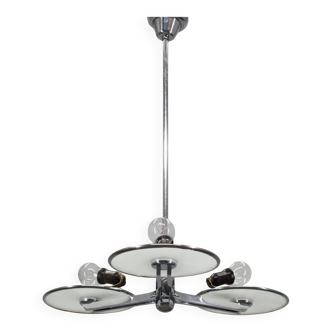 Restored Bauhaus or Art Deco chrome and glass chandelier, Czechoslovakia