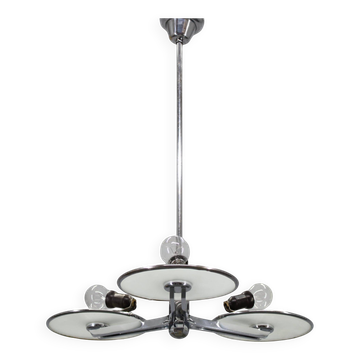 Restored Bauhaus or Art Deco chrome and glass chandelier, Czechoslovakia