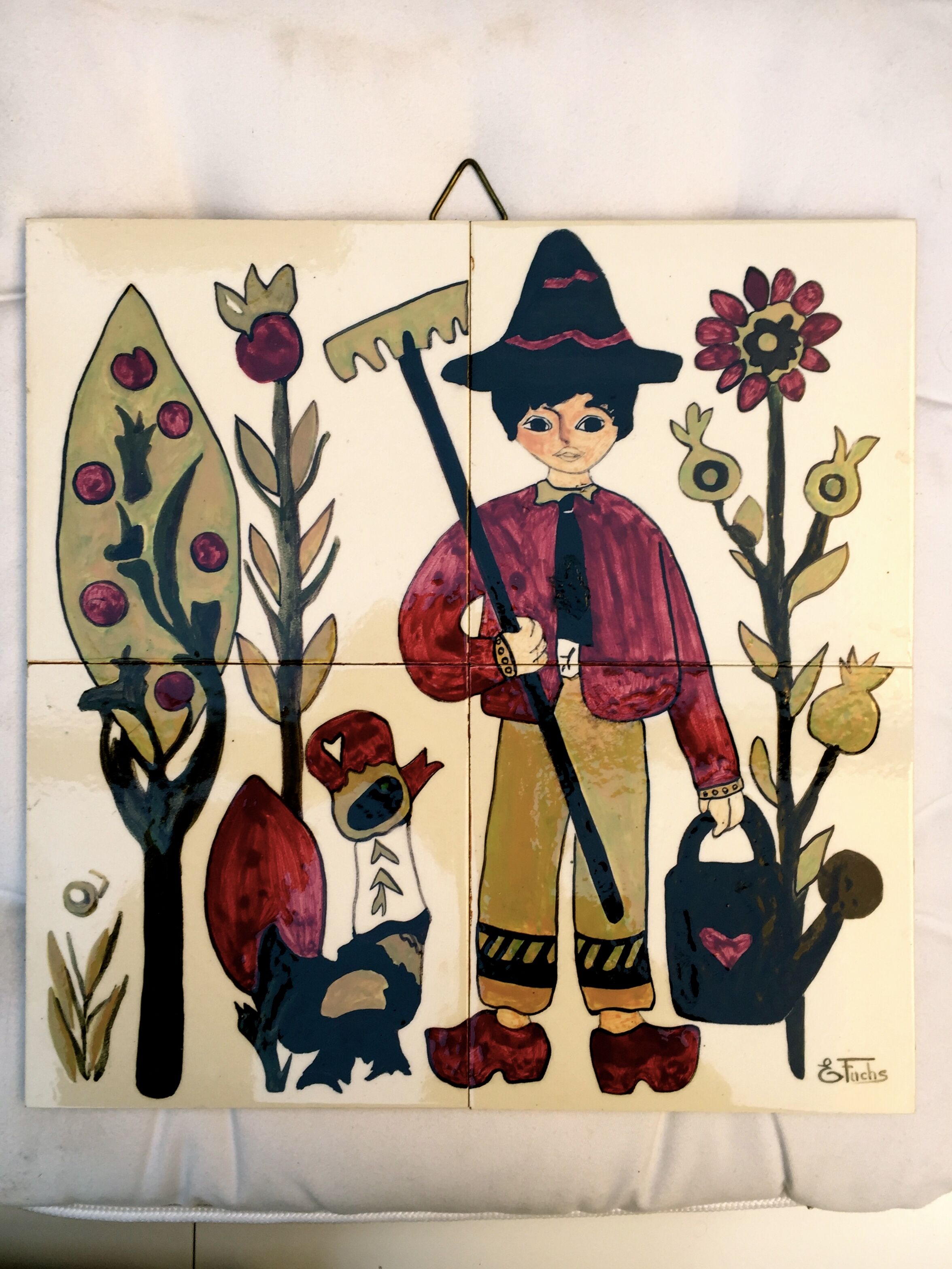 Vintage ceramic underside naïve rooster and gardener Dodik Bretagne naïve painting