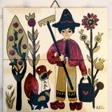 Vintage ceramic underside naïve rooster and gardener Dodik Bretagne naïve painting