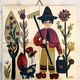 Vintage ceramic underside naïve rooster and gardener Dodik Bretagne naïve painting