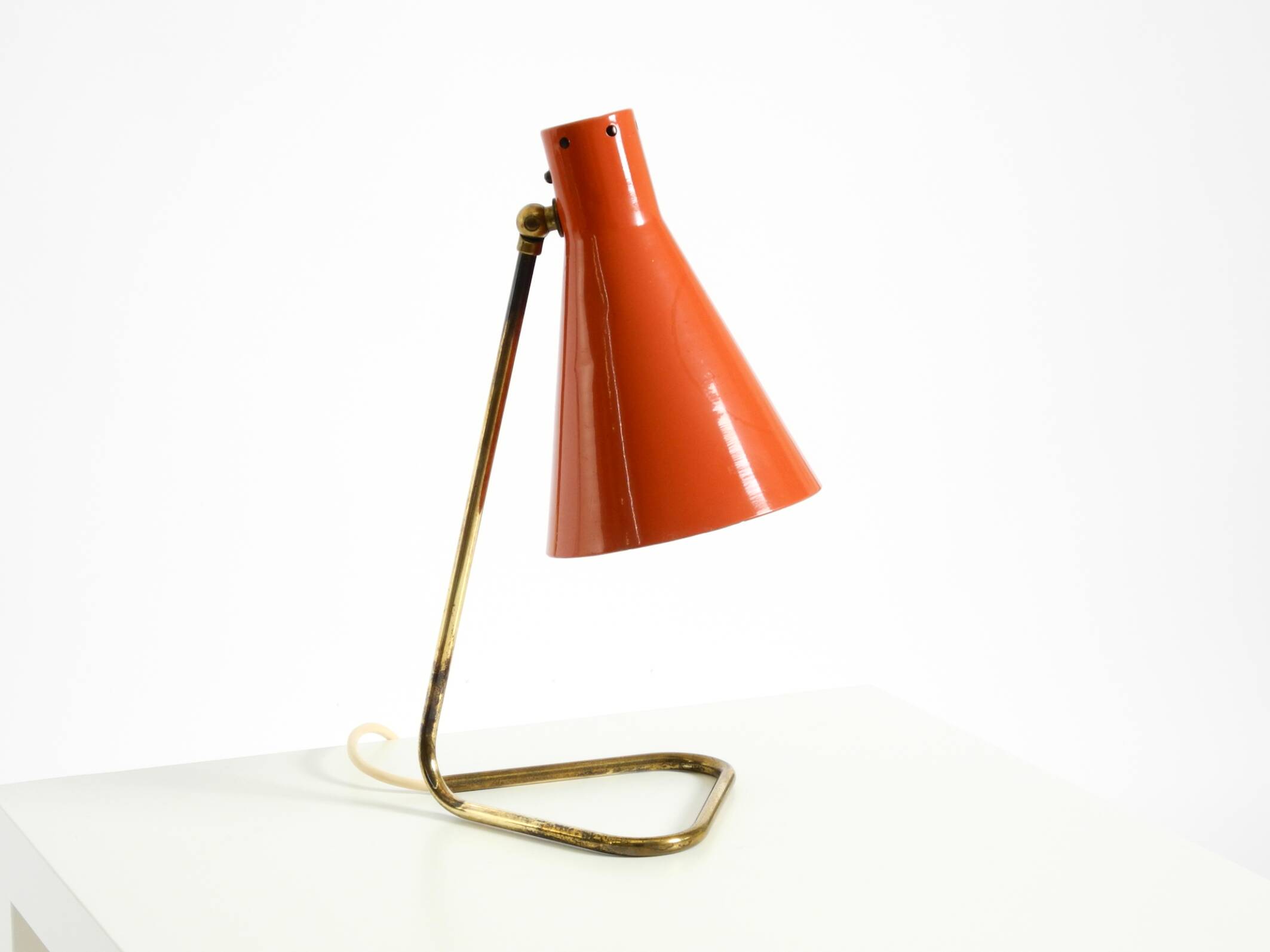 Beautiful, Large Mid-Century Modern Brass Table Lamp with a Brick-Red Shade