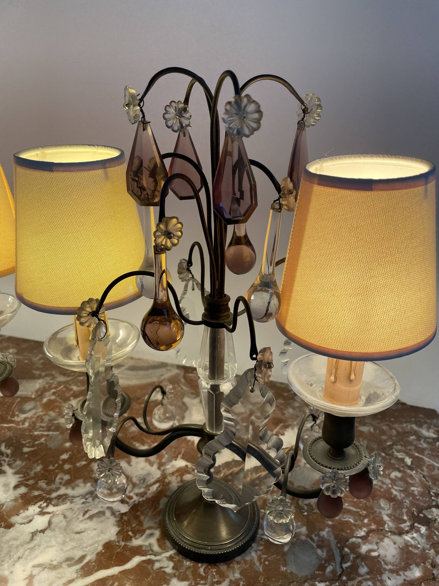 pair of chandeliers, lamp, silver-plated metal, crystal, tassels, florets, pendant, rosettes