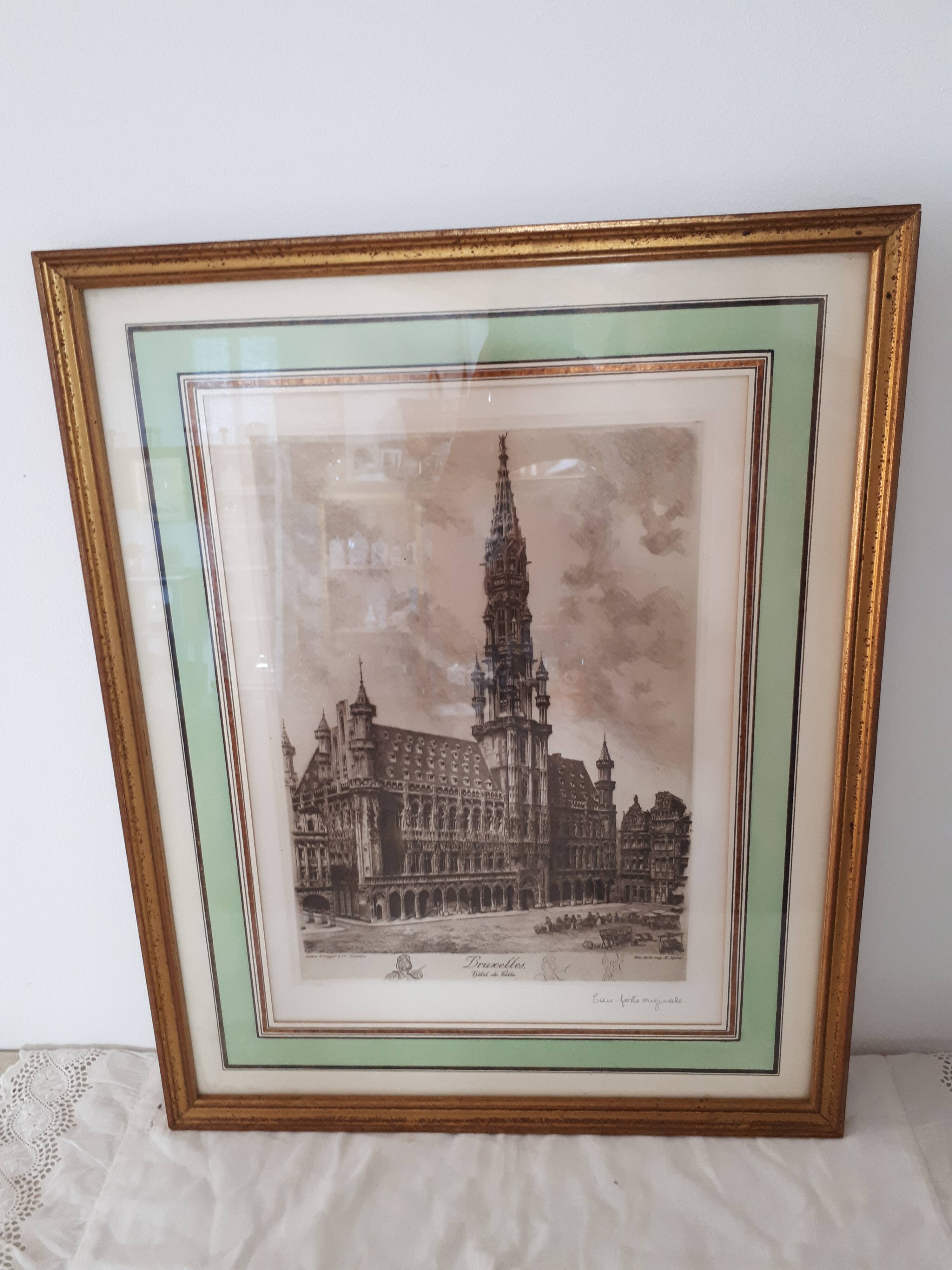 Painting lithograph engraving etching Brussels Town Hall