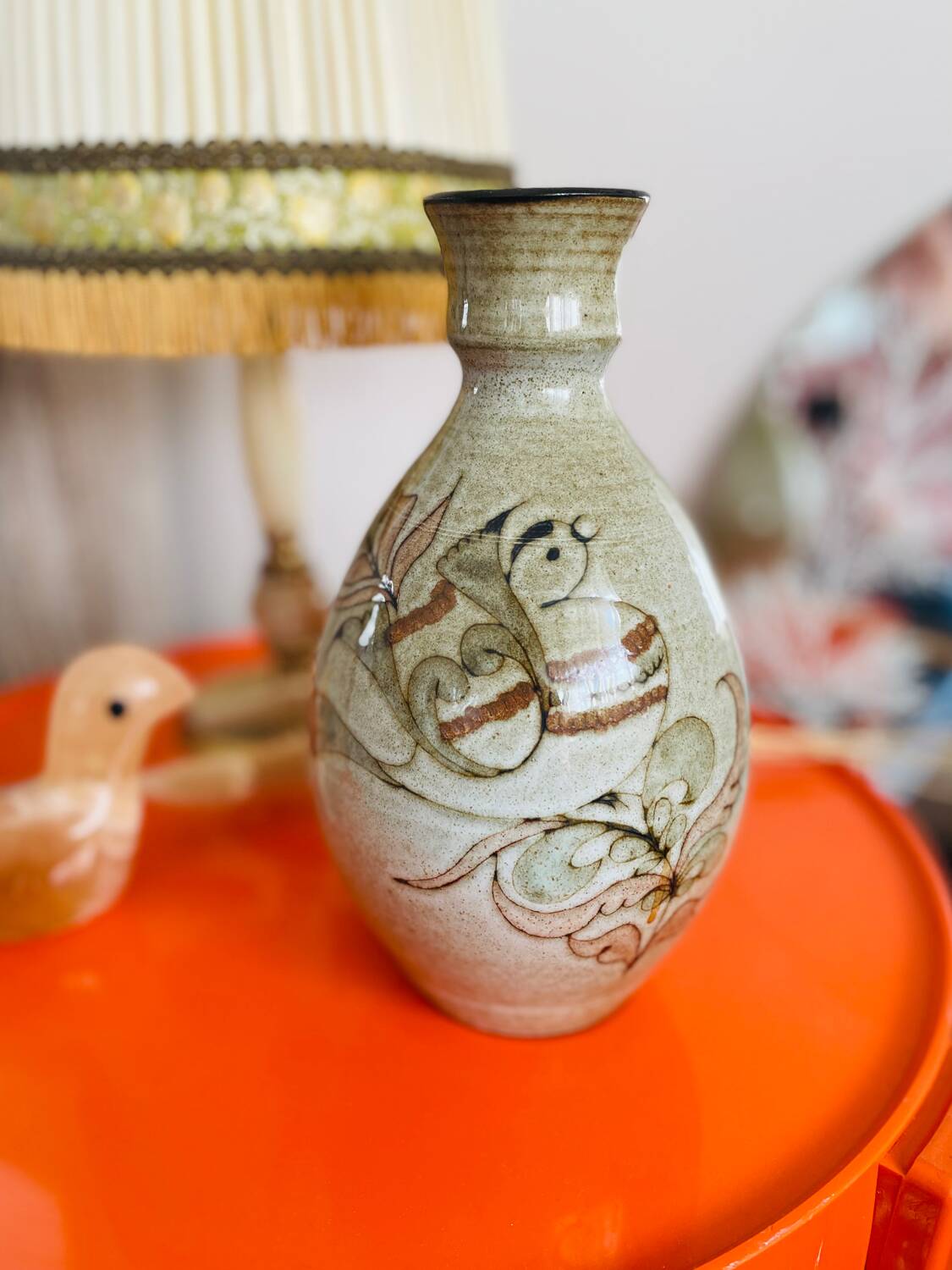 Vintage 1970s ceramic vase with naive bohemian motifs