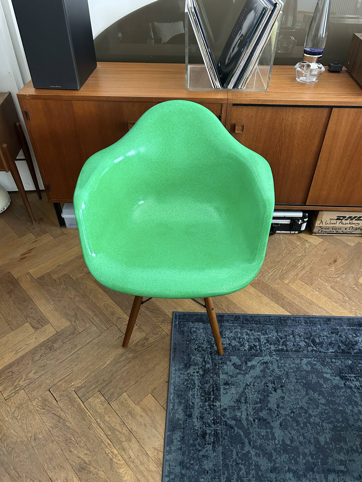 Ray and Charles Eames Fibreglass Arm Shell Dowel Chair Green
