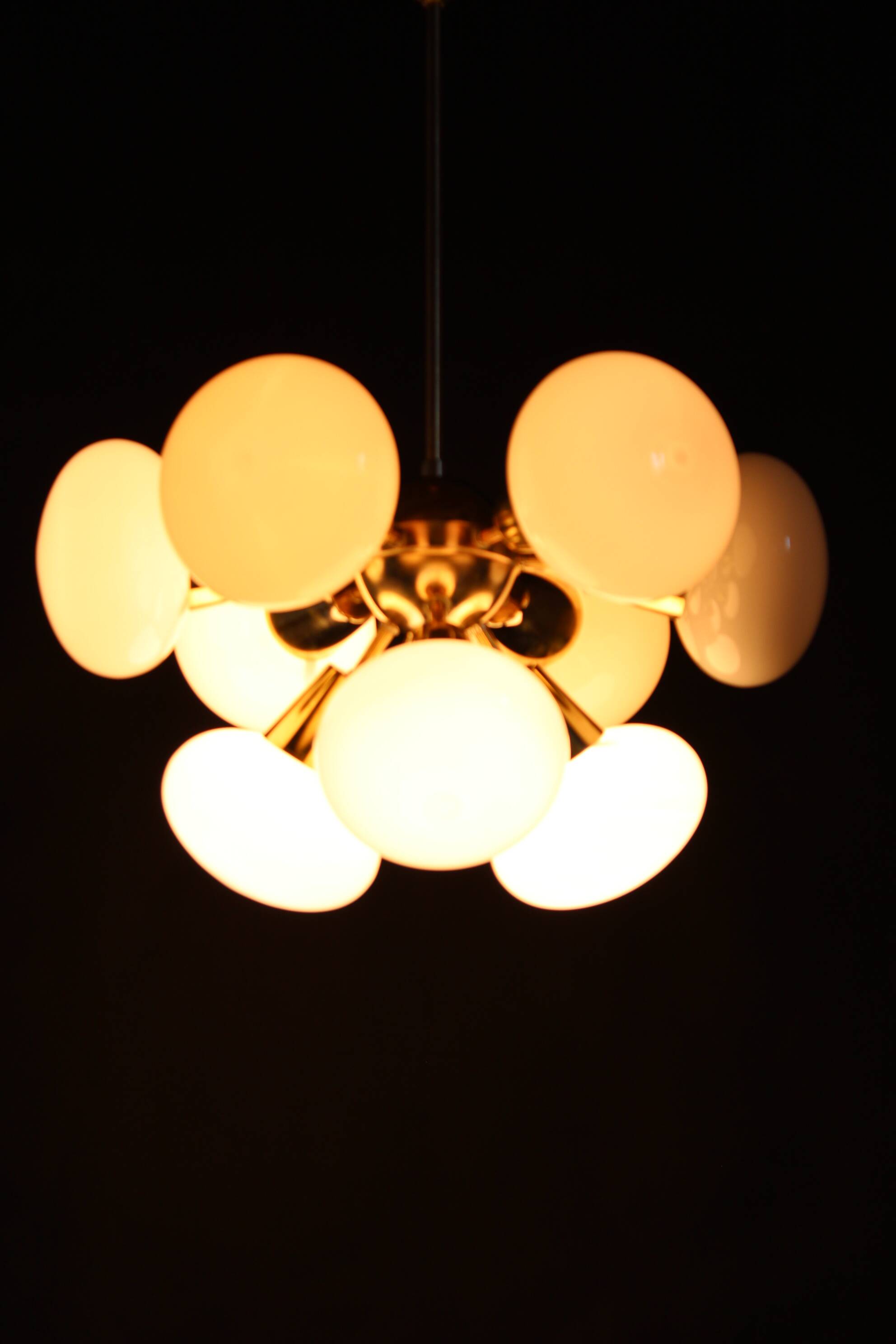 1970s Brass 9-Flamming Chandelier by Sputnik , Czechoslovakia