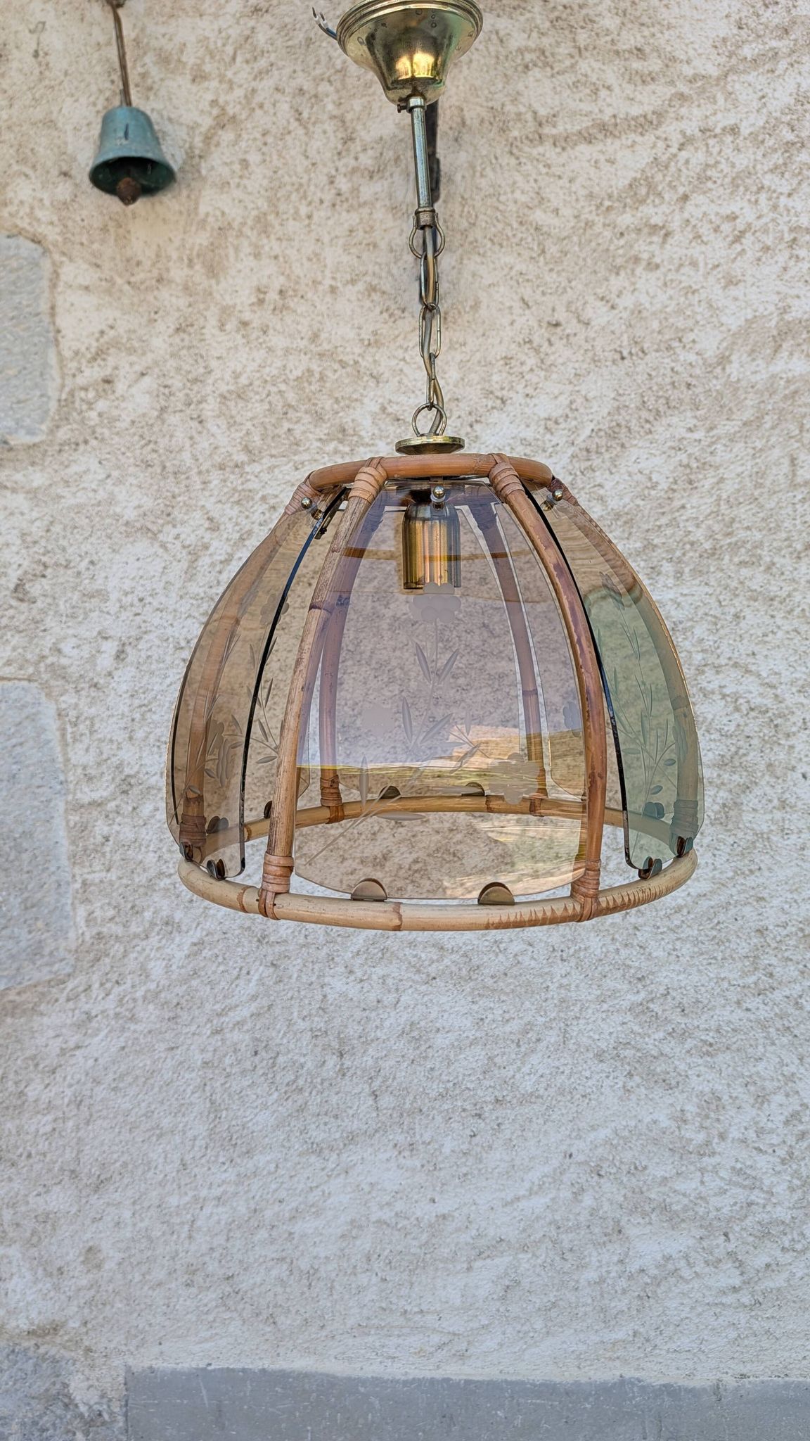 Vintage rattan and smoked glass pendant – 1970s