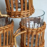 Six vintage 50s glasses in braided rattan cases