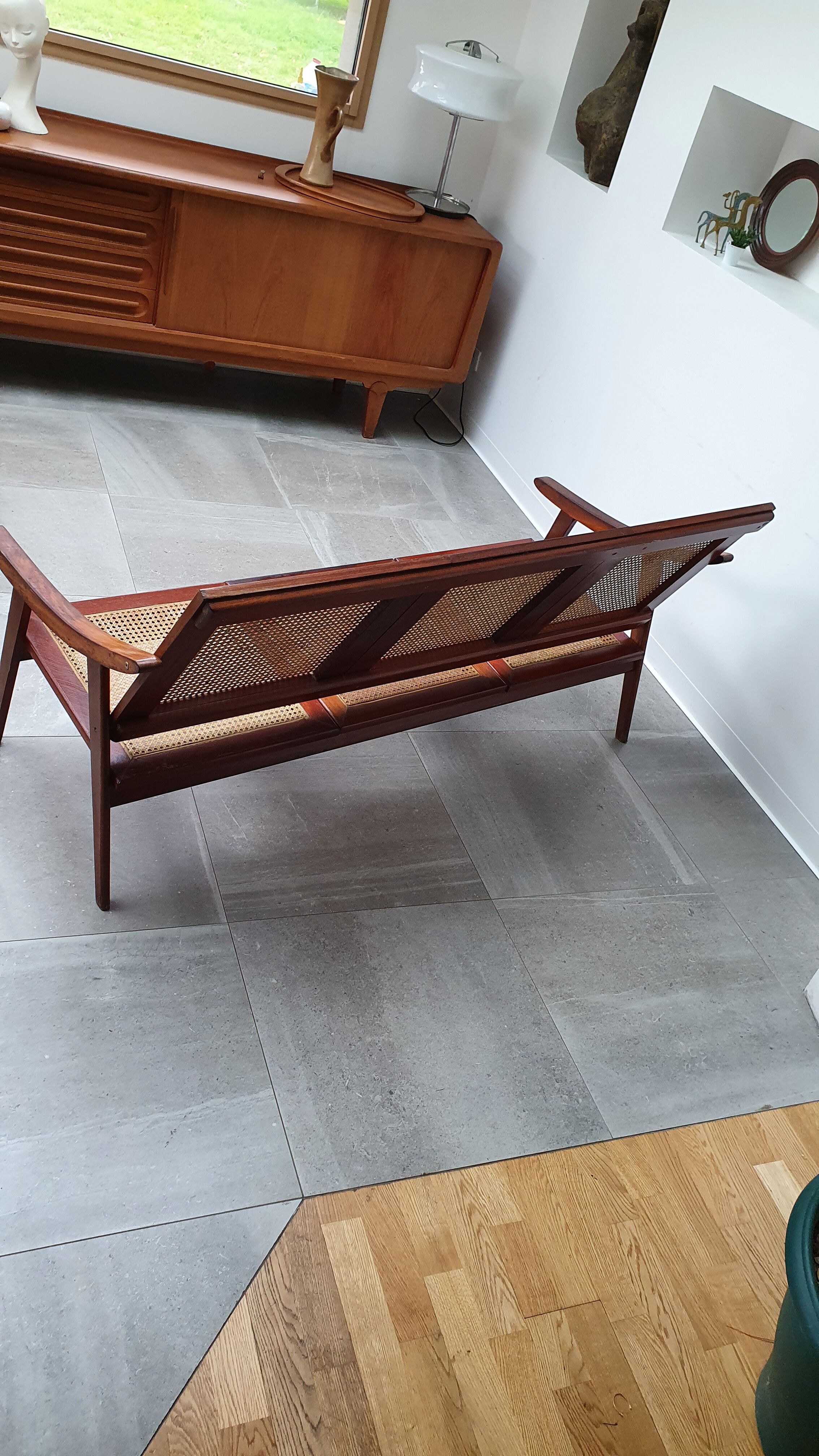 Teak bench sofa and cannage