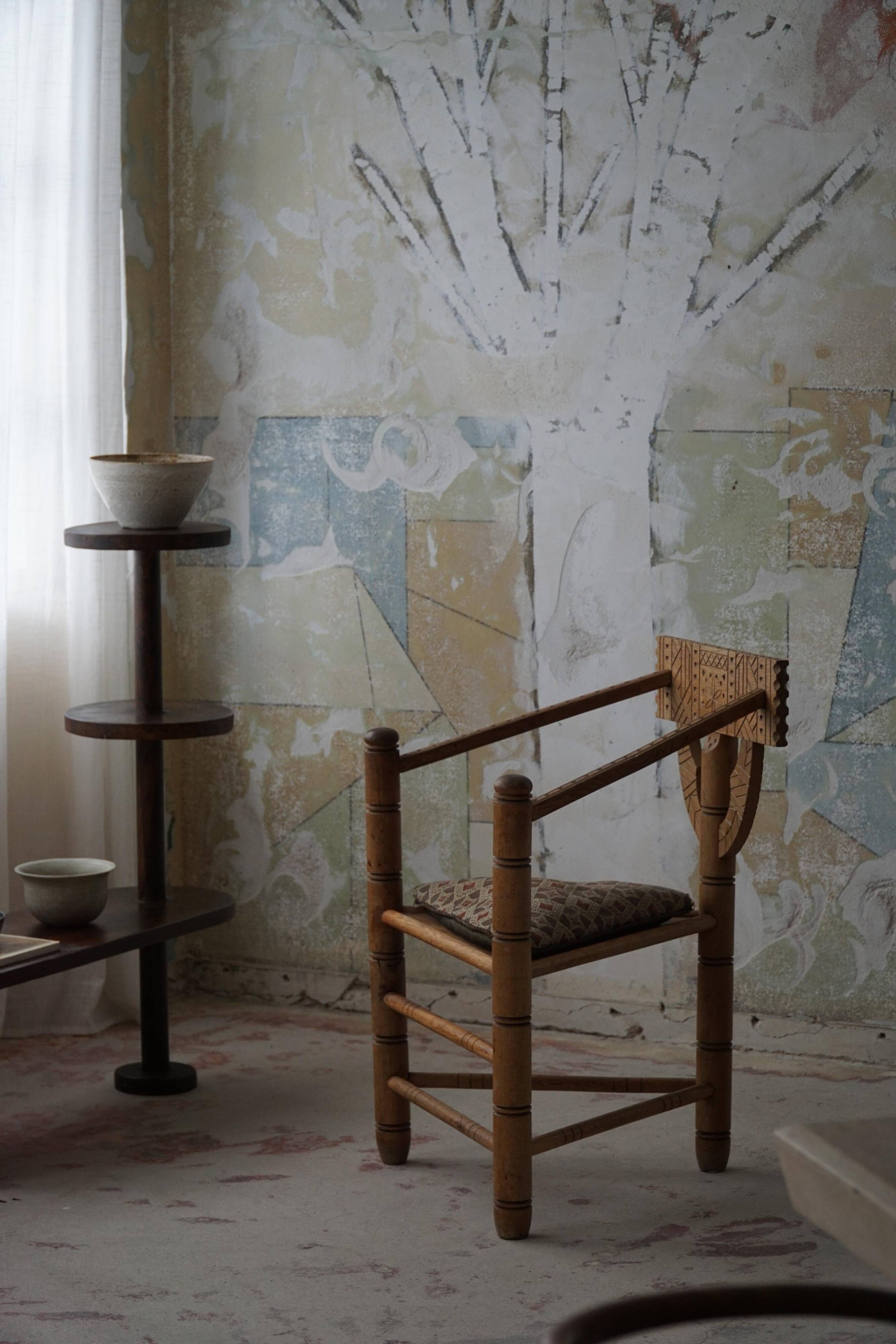 Carved monk's chair in solid oak, Wabi Sabi, Swedish, early 20th century.