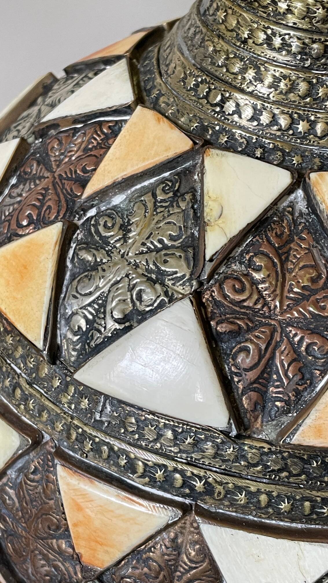 Vintage handcrafted lamp, pottery and silver-plated metal