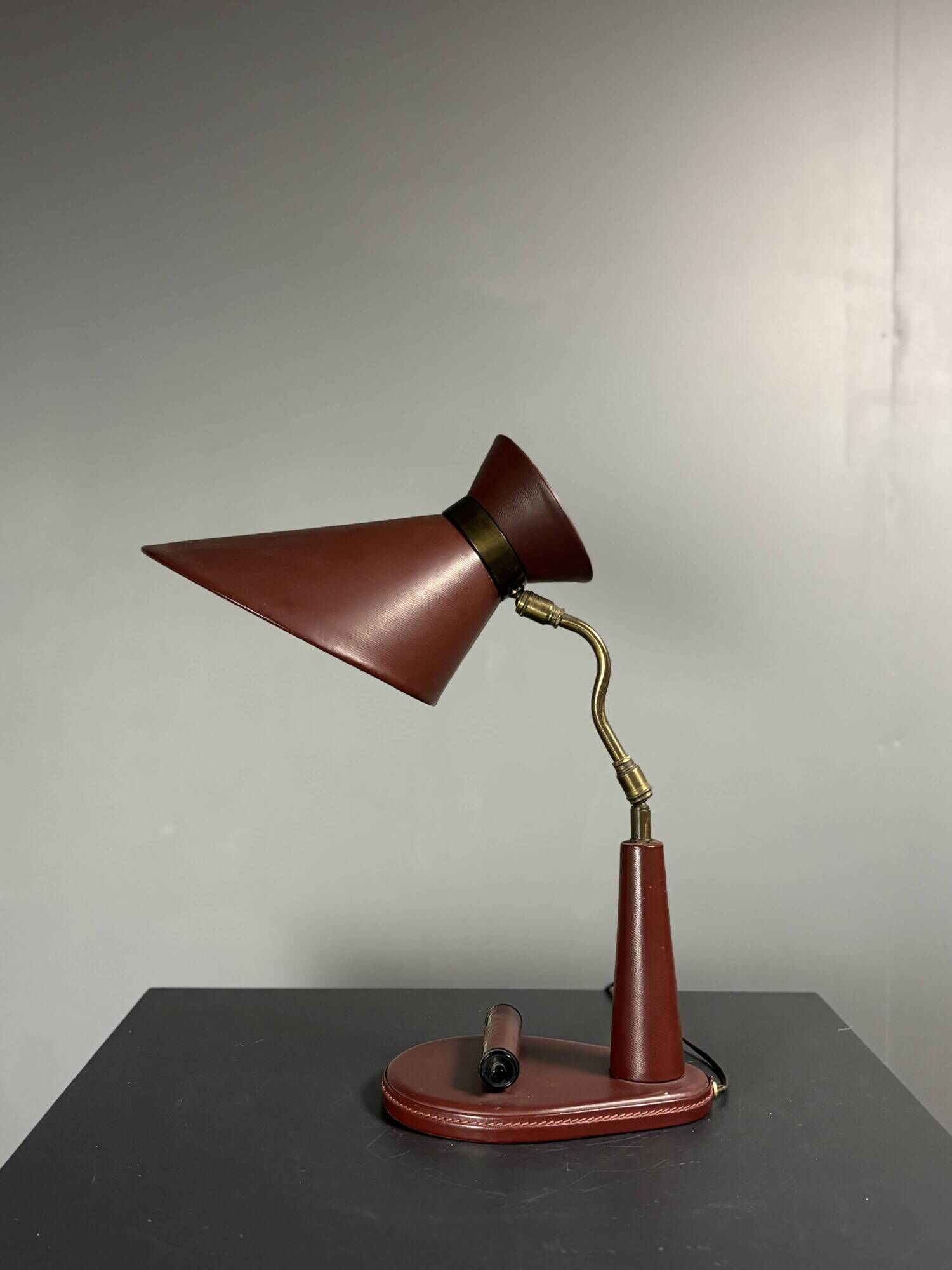 Midcentury leather wrapped French desk lamp style of Jacques Adnet, 1950s