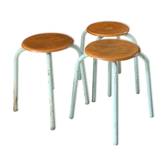 Trio of metal and wood workshop stools