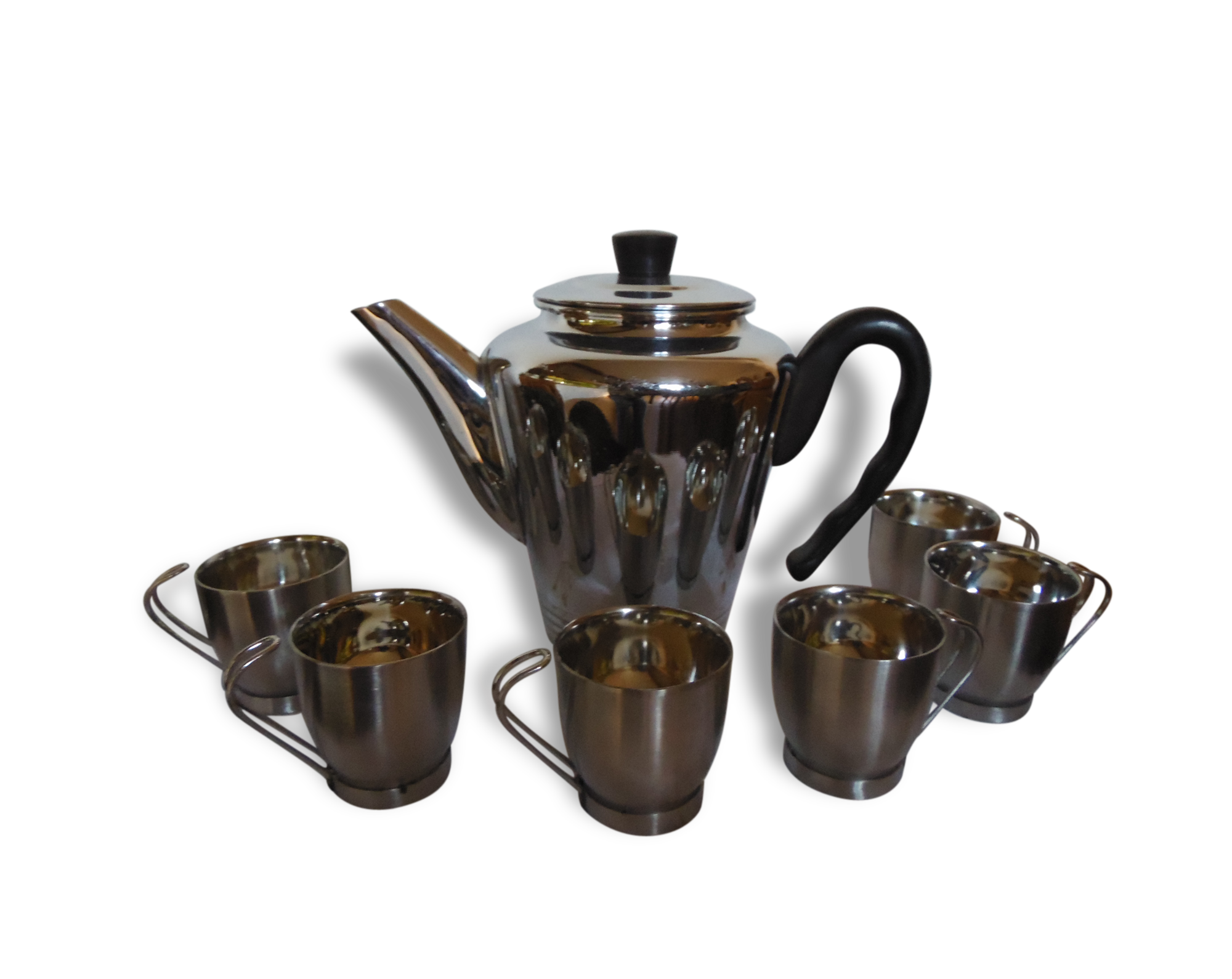 Brushed chrome nickel-plated copper coffeepot and 6 cups alu