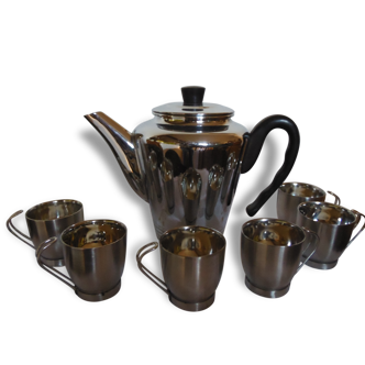 Brushed chrome nickel-plated copper coffeepot and 6 cups alu