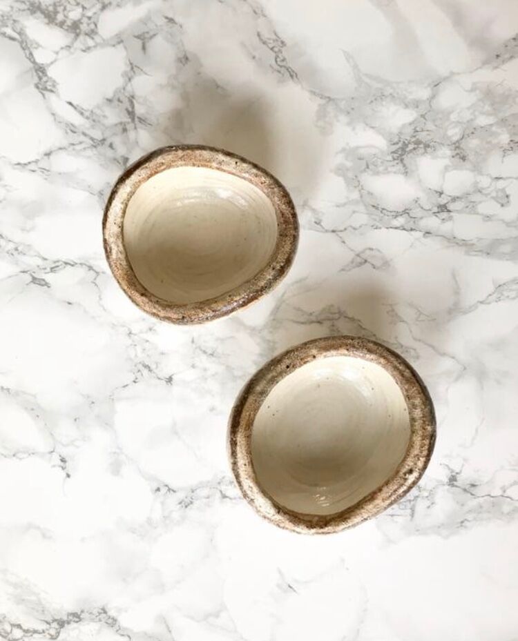 Pair of Asian handmade cups in beige and brown sandstone