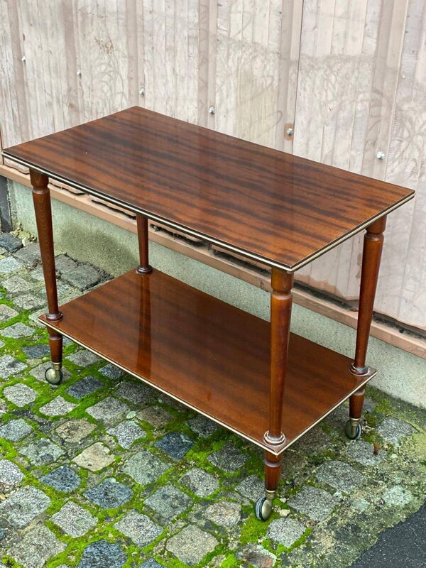 Table roulante desserte 2 niveaux en acajou laqué et laiton 1960