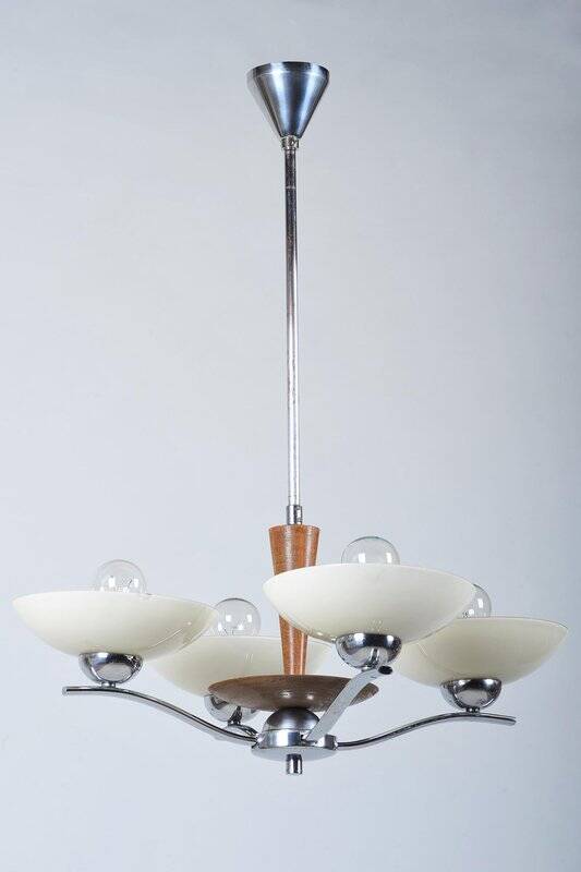 Art Deco Chandelier in Chromed Steel and Beech, Czech, 1920s