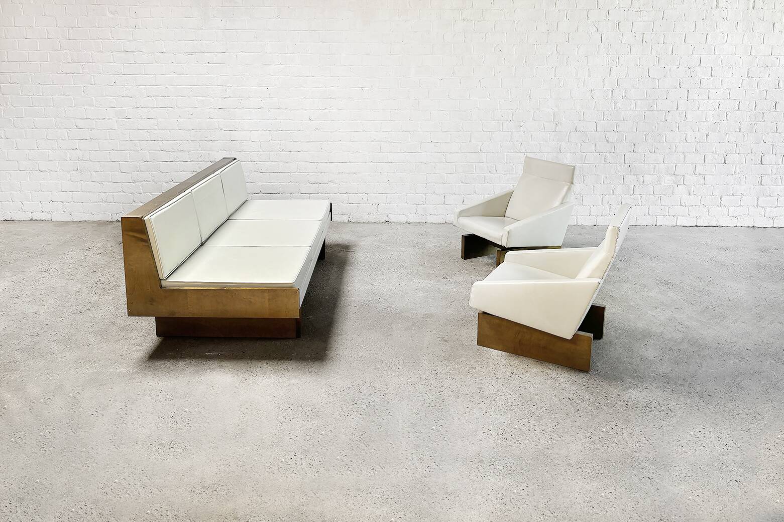 French Modernist Living Room Sofa Set In White Leather, 1950's