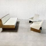 French Modernist Living Room Sofa Set In White Leather, 1950's