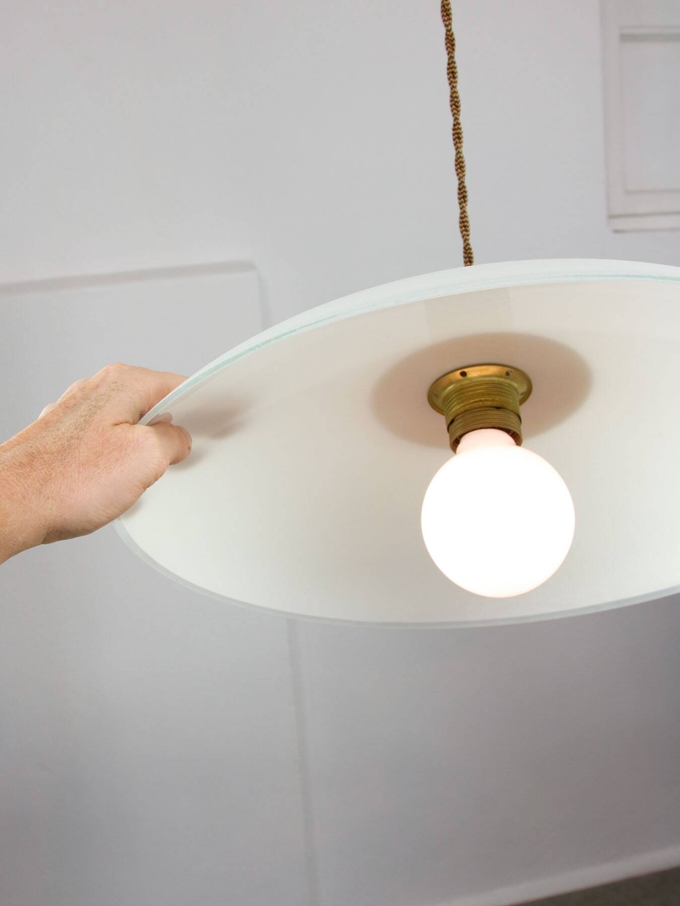 Mid-Century Italian Saucer Glass and Brass Pendant Lamp