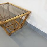Vintage coffee table in smoked glass and rattan from the 70s