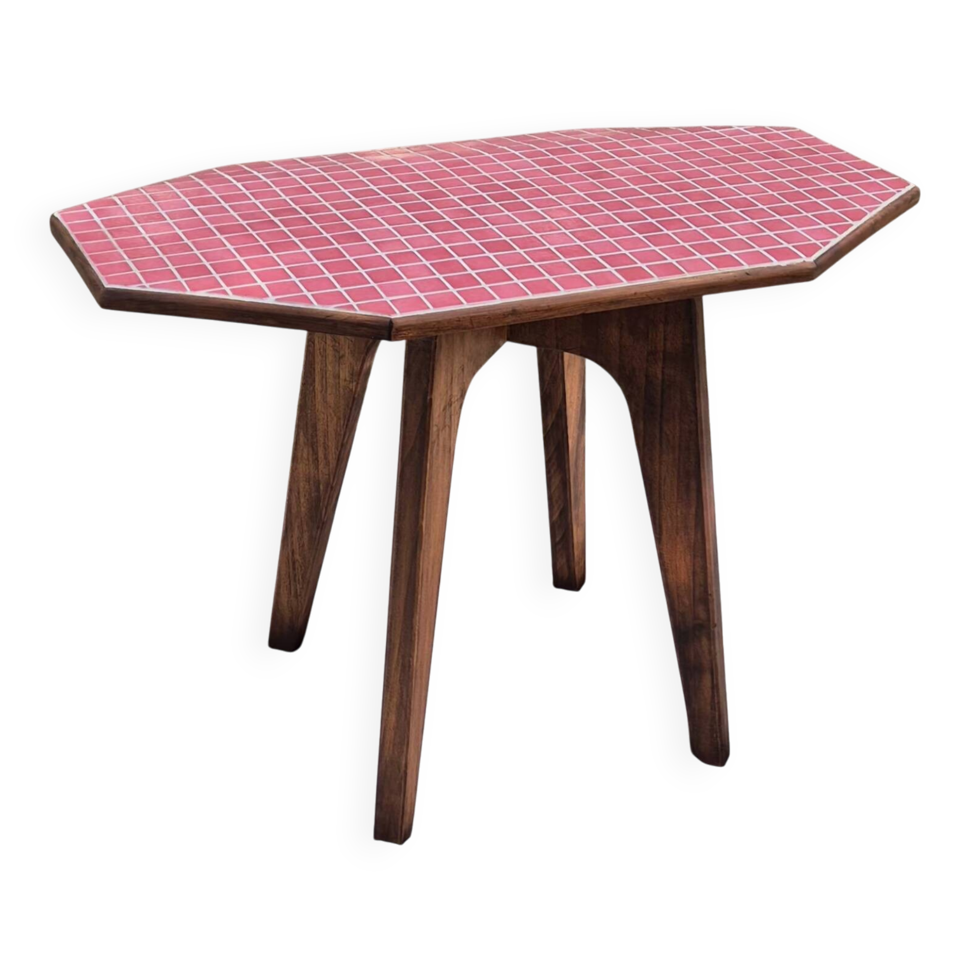 Small Scandinavian side table with wood and pink tiles, with tapered legs.