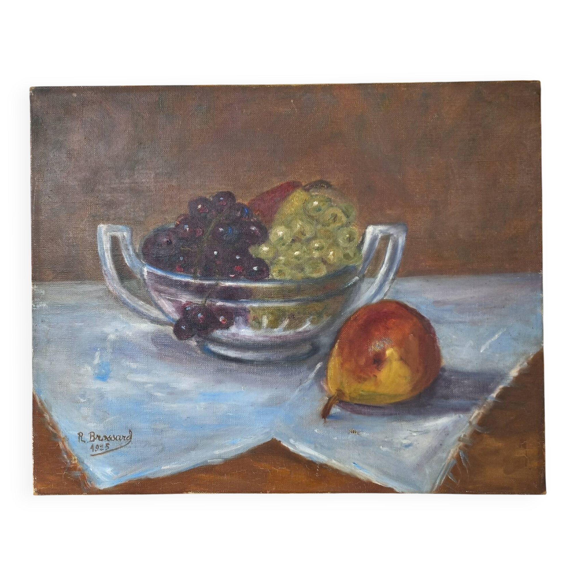 Still life painting, oil on canvas, with a bowl of grapes