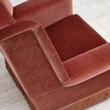 Fauteuil danois à dossier haut, années 1970, velours d'ameublement rose saumon, bois de hêtre.