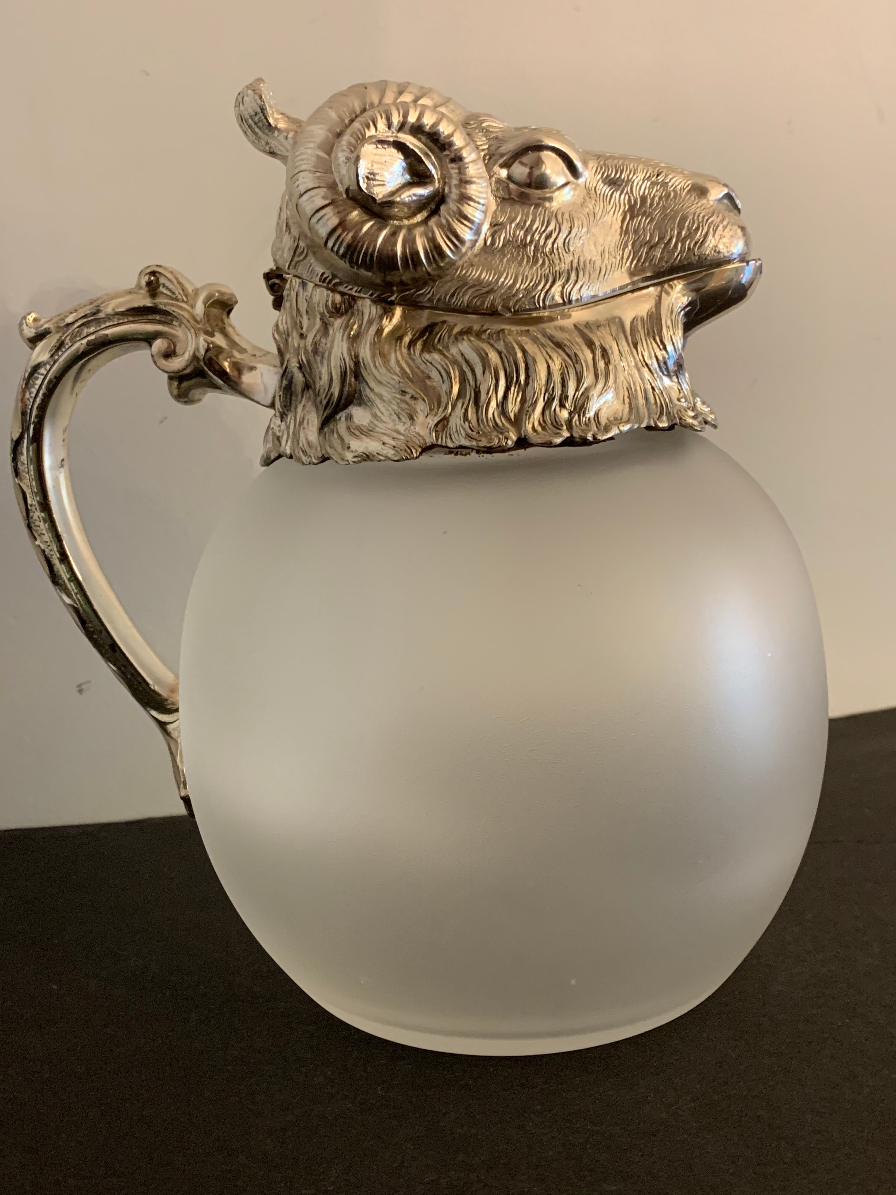 Decanting carafe or frosted glass water broc with silver metal ram head 1970