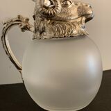 Decanting carafe or frosted glass water broc with silver metal ram head 1970
