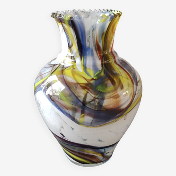 Blown Art glass ball vase from Murano/Italy. Decor swirls of smoke/polychrome waves. Dimensions 20 x 15 cm