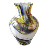 Blown Art glass ball vase from Murano/Italy. Decor swirls of smoke/polychrome waves. Dimensions 20 x 15 cm