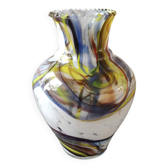 Vase boule en verre d Art soufflé de Murano/Italie. Décor volutes de fumée/Ondes polychromes. Dim. 20 x 15 cm