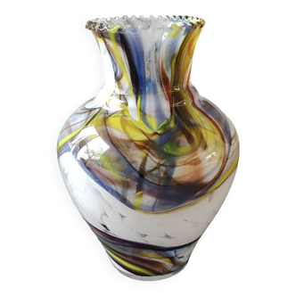 Blown Art glass ball vase from Murano/Italy. Decor swirls of smoke/polychrome waves. Dimensions 20 x 15 cm