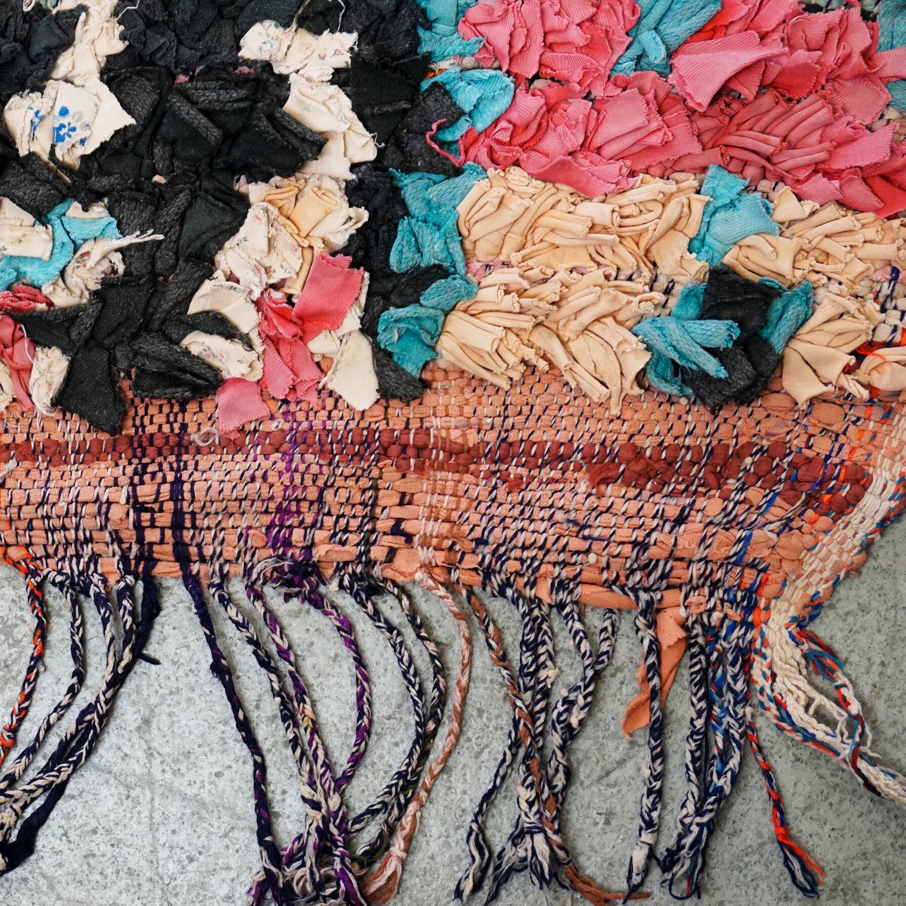 Multicoloured hand-knotted Moroccan Berber Boucherouit rug, vintage.