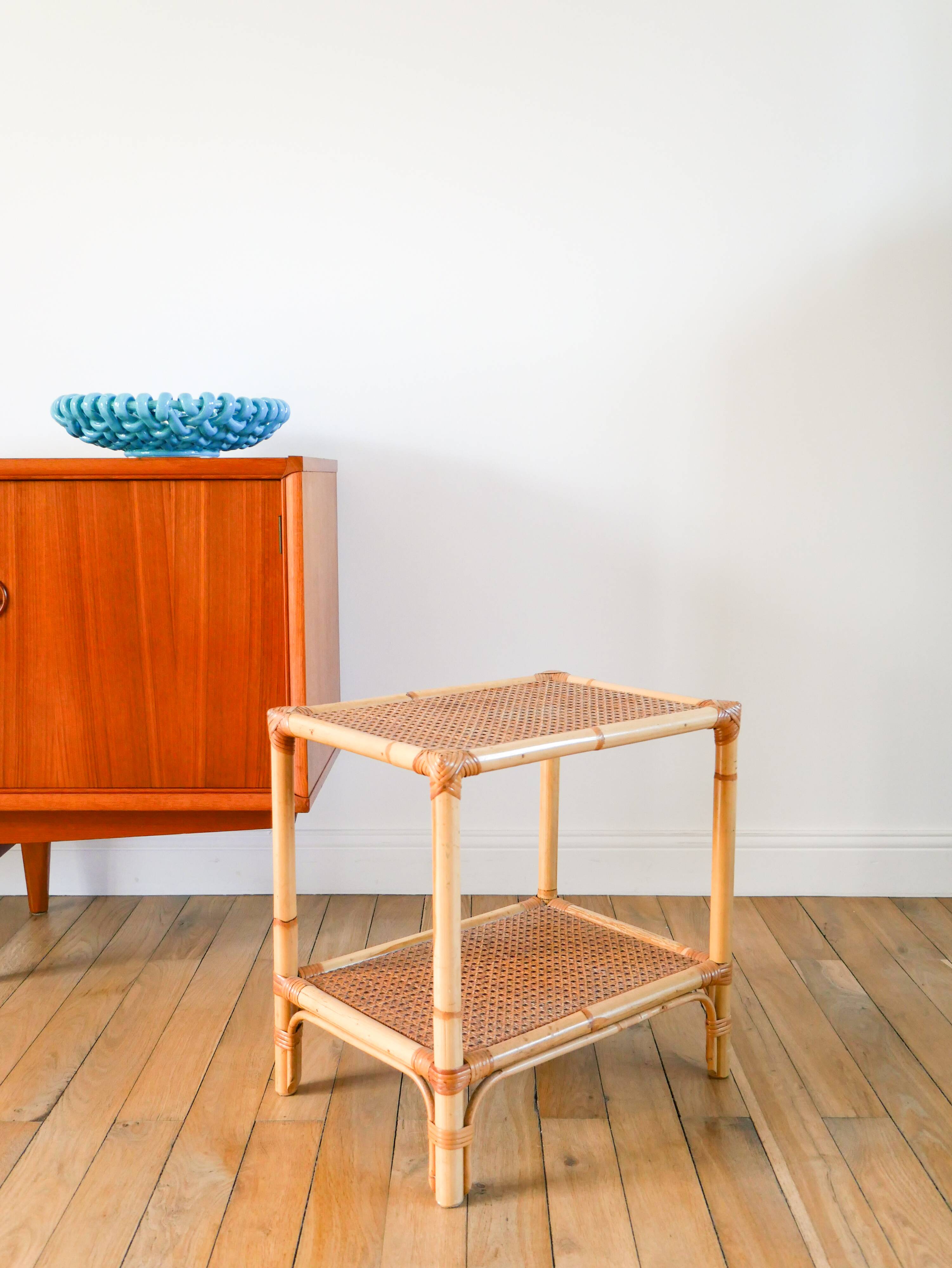 Rattan and cane bedside table, 1960