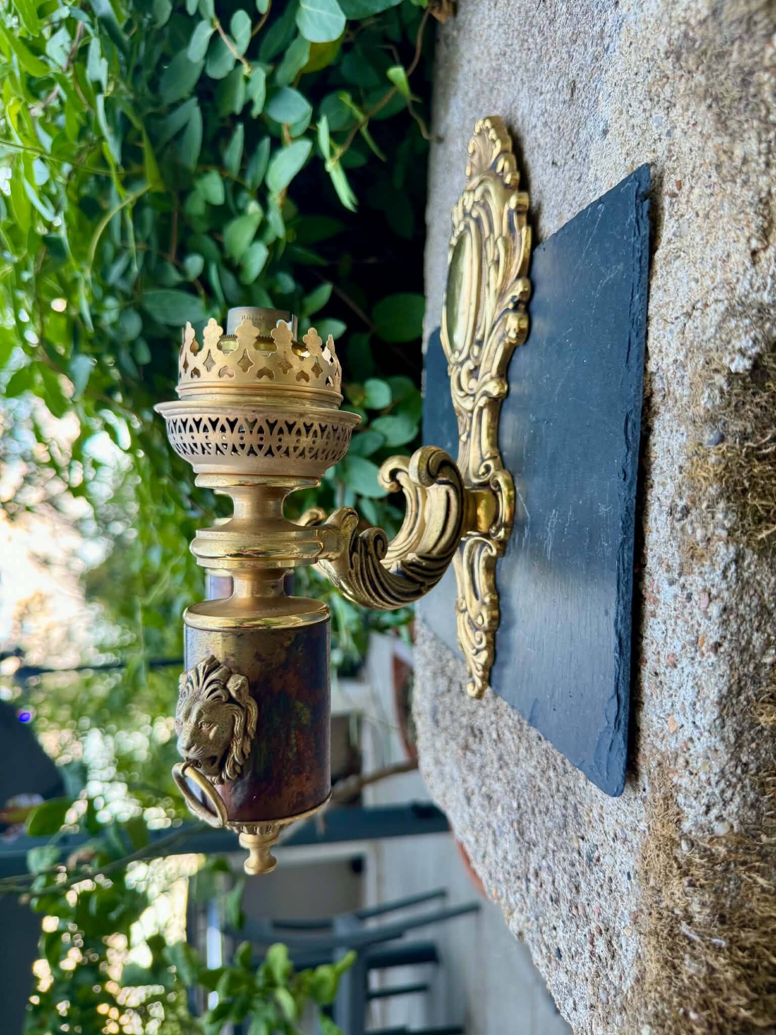 Wall light with 2 branches in baroque brass lion design.
