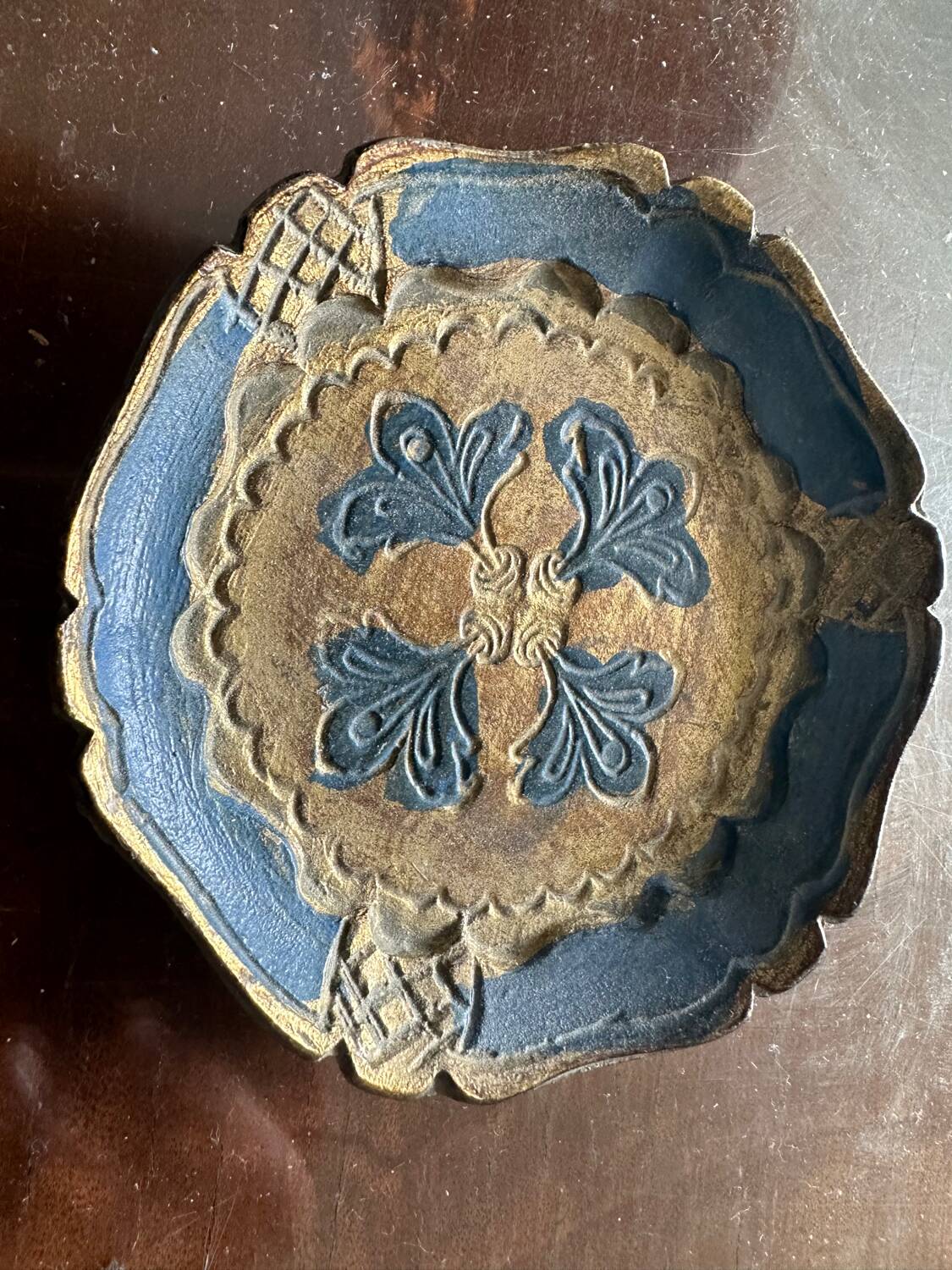 Vintage Florentine Coaster - Blue and Gold Wood (Diameter 10 cm)