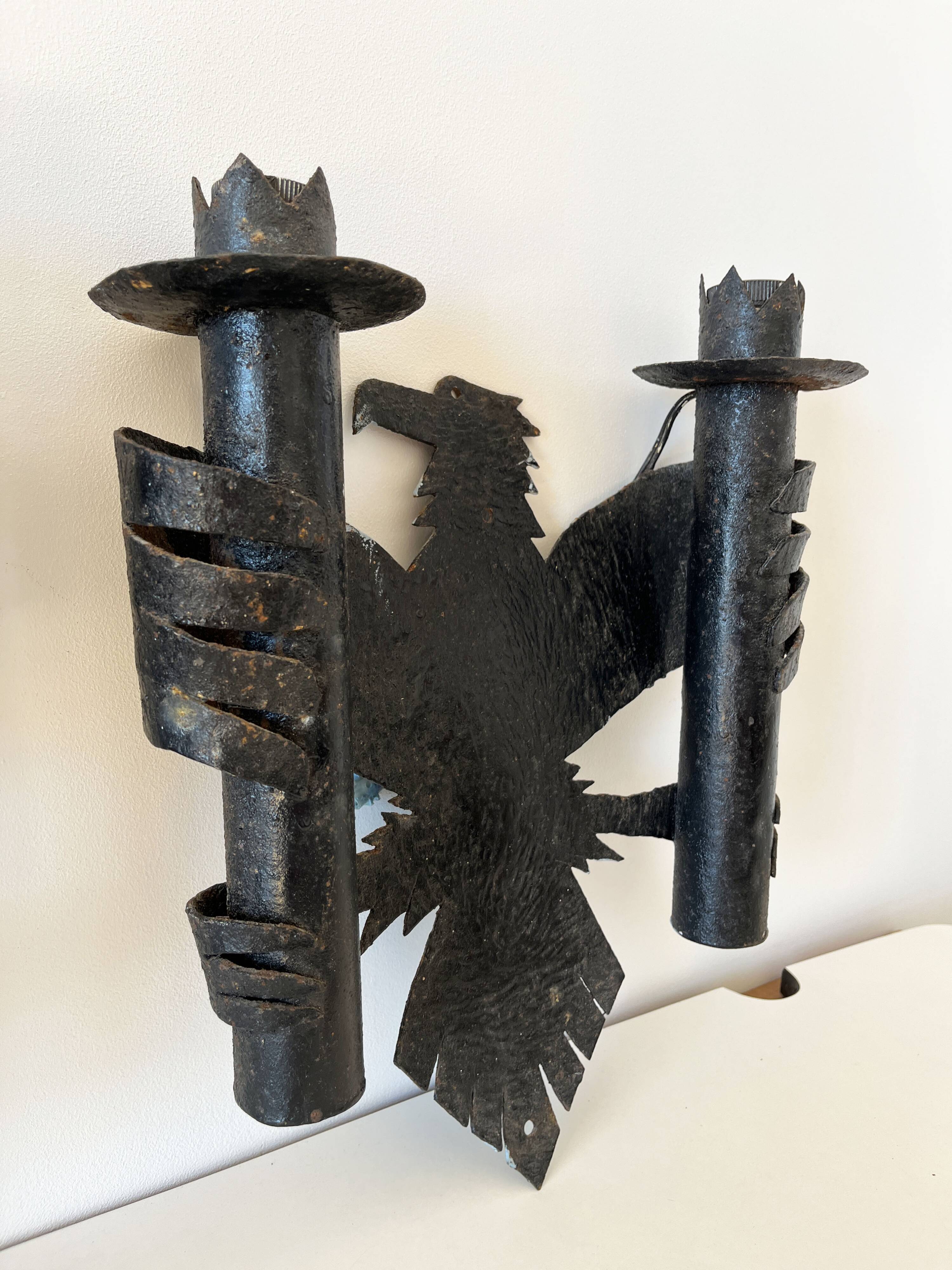 Pair of Brutalist Wrought Iron Eagle Wall Sconces