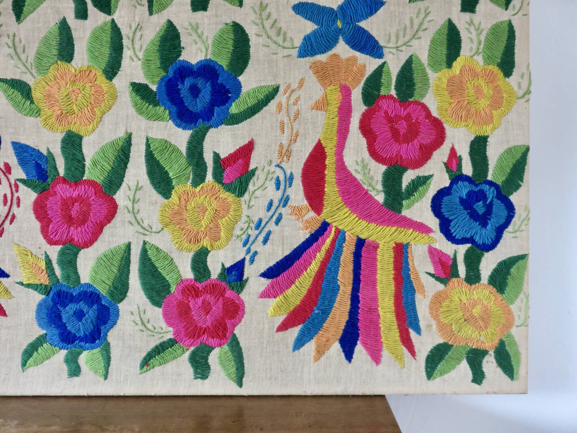 Large Mexican tapestry OTOMI TENANGO, colourful flowers and birds, 1970