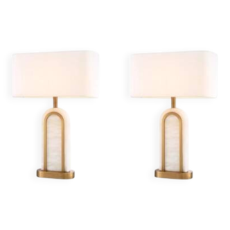 Pair of table lamps, antique brass and alabaster finish, timeless luxury and vintage charm.