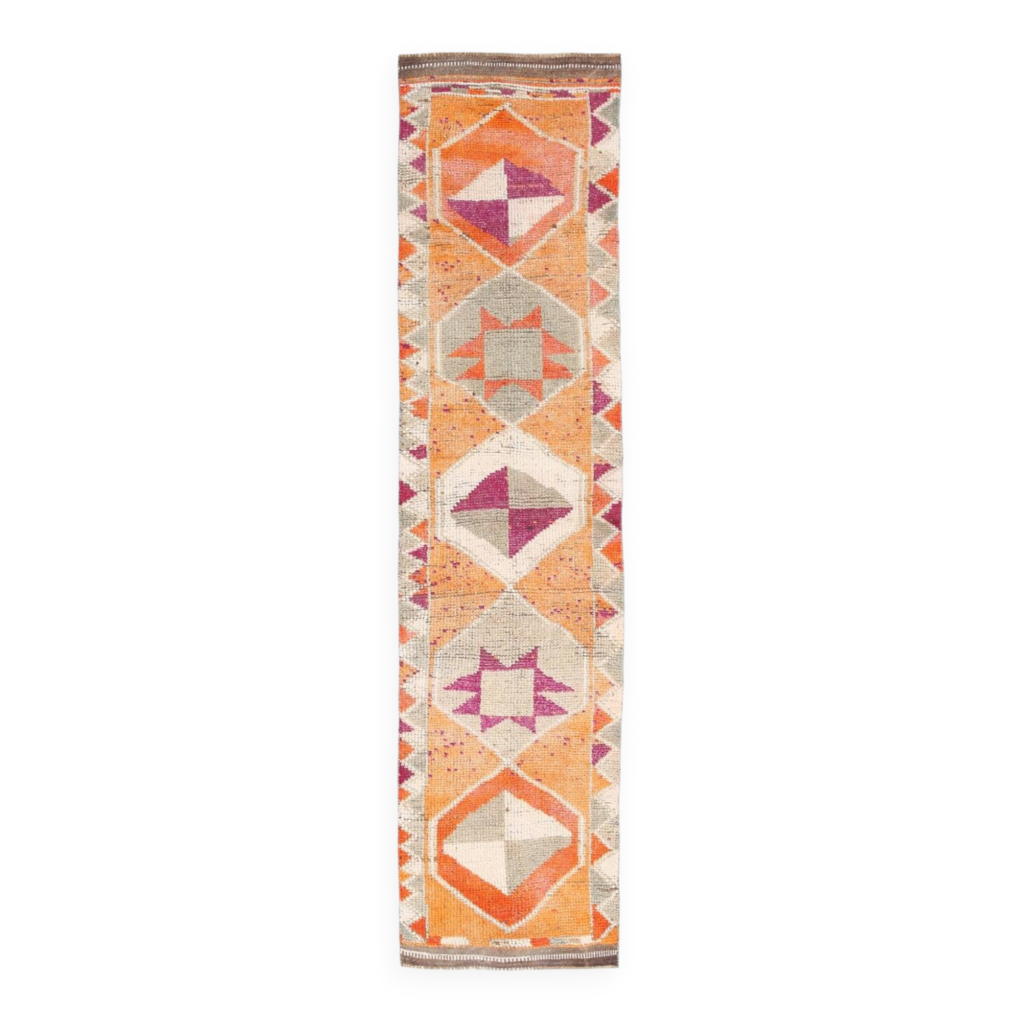 Tapis runner vintage berbère, motifs géométriques orange violet, 74x307Cm