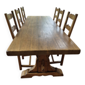 Grande table monastère ancienne en bois massif – 2,50 m + 8 chaises