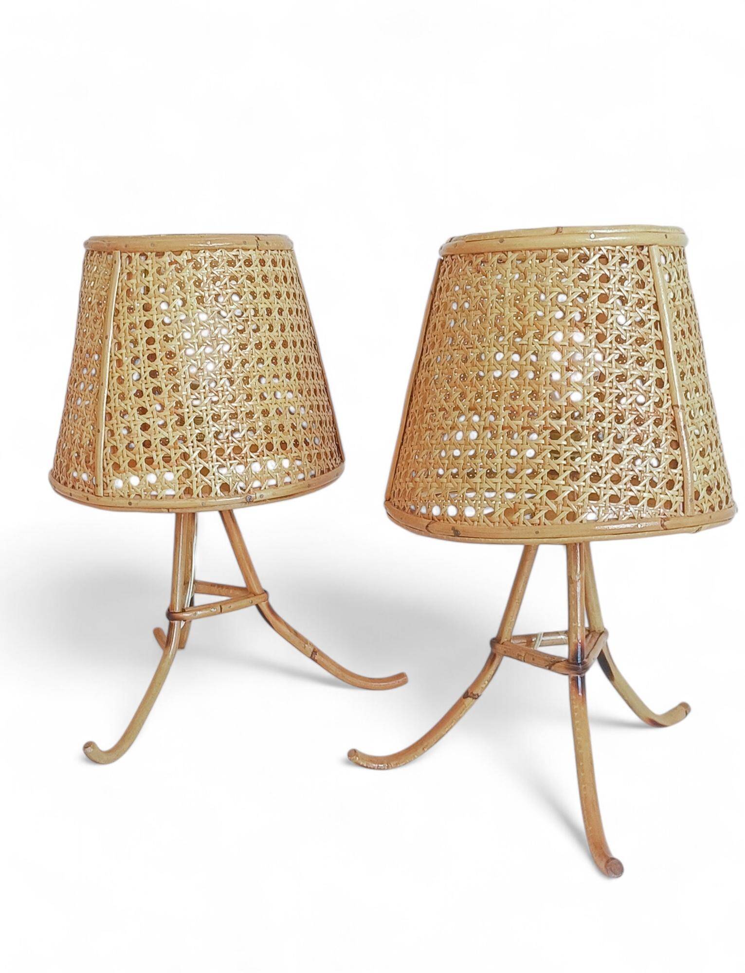 Mid-Century Bamboo and Cane Pair of Large Table Lamps By Louis Sognot, 1970s
