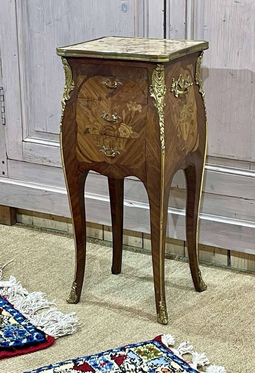 Louis XV style bedside table in rosewood and oak from the 70s with marble top